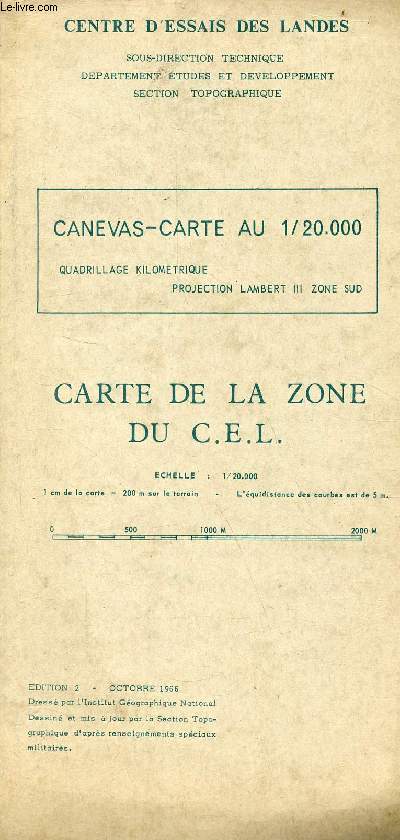 Une carte en couleur dpliante - Centre d'essais des Landes - Canevas-carte au 1/20.000 quadrillage kolimtrique projection Lambert III Zone Sud - carte de la zone du C.E.L. - dition 2 octobre 1966 - carte d'environ 56 x 130 cm.