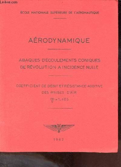Arodynamique - Abaques d'coulements coniques de rvolution  incidence nulle - coefficient de dbit et rsistance additive des prises d'air 1,405 - Ecole nationale suprieure de l'aronautique.