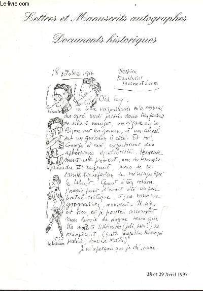 Catalogue de ventes aux enchres - Lettres et manuscrits autographes documents historiques - lundi 28 et mardi 29 avril 1997 - Drouot Richelieu.