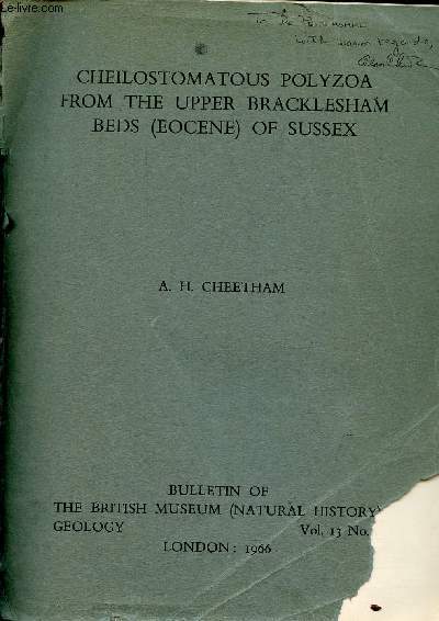 Cheilostomatous polyzoa from the upper bracklesham beds (eocene) of sussex - ddicace de l'auteur.