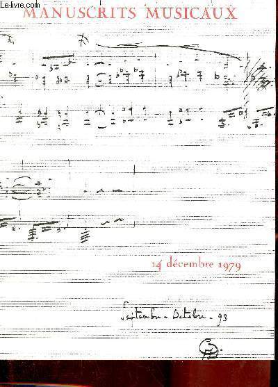 Catalogue de ventes aux enchres - Manuscrits musicaux lettres autographes epreuves corriges partitions ddicaces portraits de musiciens - Drouot rive gauche 14 dcembre 1979.