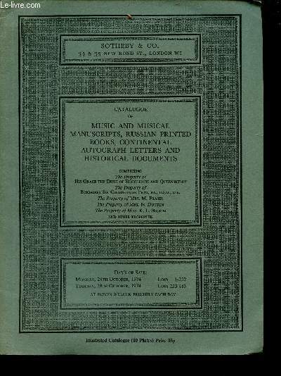 Sotheby & Co. Catalogue of music and musical manuscripts, russian printed books, continental autograph letters and historical documents - 28,29 th october 1974.