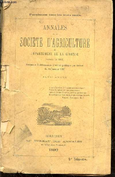 Annales de la socit d'agriculture du dpartement de la Gironde fonde en 1837
