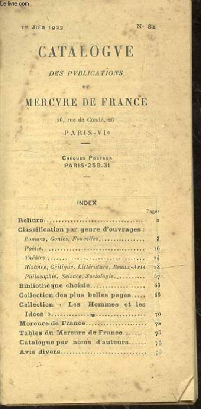 Catalogue des publications de Mercure de France