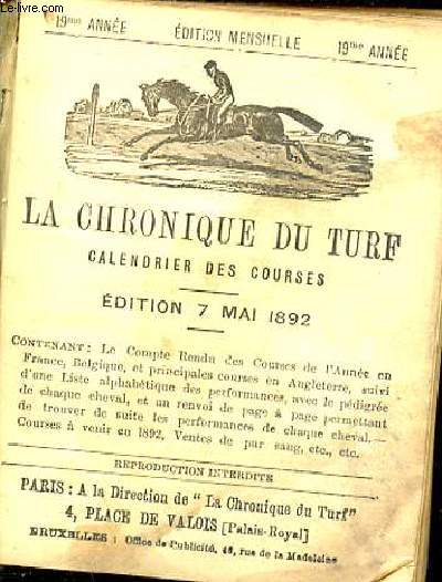 La Chronique du Turf. Calendrier des courses. Edition 7 Mai 1892