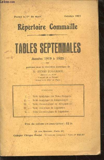Rpertoire Commaille. Tables septennales. Annes 1919  1925