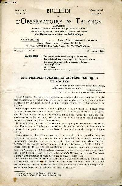 Bulletin de l'Observatoire de Talence (Gironde). Etude des questions relatives à l'action des phénomènes solaires en météorologie