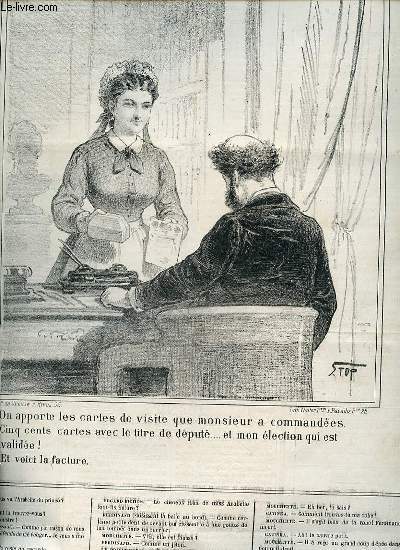 LE CHARIVARI - TRENTE-HUITIEME ANNEE. Bulletin politique par Pierre Vrin / Le Pacificateur universel par Paul Girard / Les cocottes venimeuses : un souper dans un cabaret  la mode par Louis Leroy / Carillon par Jehan Valter ETC.