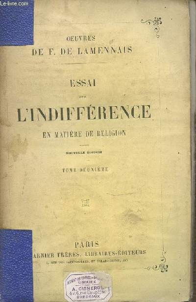 TOME 2 : ESSAI SUR L'INDIFFERENCE EN MATIERE DE RELIGION.