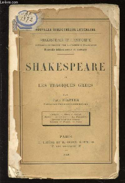 SHAKESPEARE ET LES TRAGIQUES GRECS - NOUVELLE BIBLIOTHEQUE LITTERAIRE - COLLECTION 