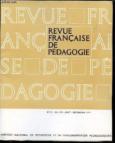 REVUE FRANCAISE DE PEDAGOGIE N20 - JUILLET / AOUT / SEPTEMBRE.
