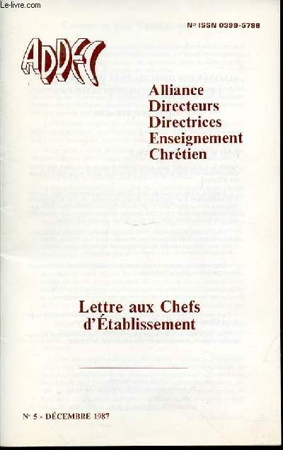 LETTRE AUX CHEFS D'ETABLISSEMENT N5 - SUR LA CRETE DES VAGUES - ASSEMBLEE GENERALE RAPPORT ANNUEL / LA PASTORALE DANS L'ORIENTATION DES JEUNES / ETC.