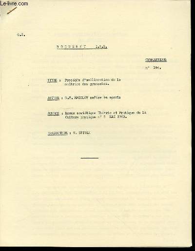 DOCUMENT I.N.S. N294 : GYMNATIQUE - PROCEDES D'AMELIORATION DE LA MAITRISE DES GYMNASTES.
