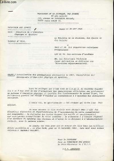 ACTUALISATION DES INSTRUCTIONS OFFICIELLES DE 1967 - CONSULTATION DES ENSEIGNANTS D'EDUCATION PHYSIQUE ET SPORTIVE.