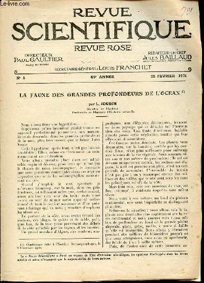 REVUE SCIENTIFIQUE - REVUE ROSE N4 / 69 EME ANNEE / 28 FEVRIER 1931 - LA FAUNE DES GRANDES PROFONDEURS DE L'OCEAN.