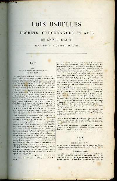LOIS USUELLES - DECRETS, ORDONNANCES ET AVIS DU CONSEIL D'ETAT DANS L'ORDRE CHRONOLOGIQUE - LOIS USUELLES DE 1607 A 1886.