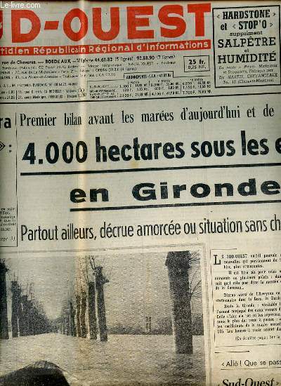 SUD-OUEST DU 30 DECEMBRE 1959 - GRAND QUOTIDIEN REPUBLICAIN REGIONAL D'INFORMATIONS - Le Mali et l'Indpendance / 4000 hectares sous les eaux en Gironde / Antoine Pinay posera la question de confiance : qui dirige la politique conomique du pays ? / ETC.