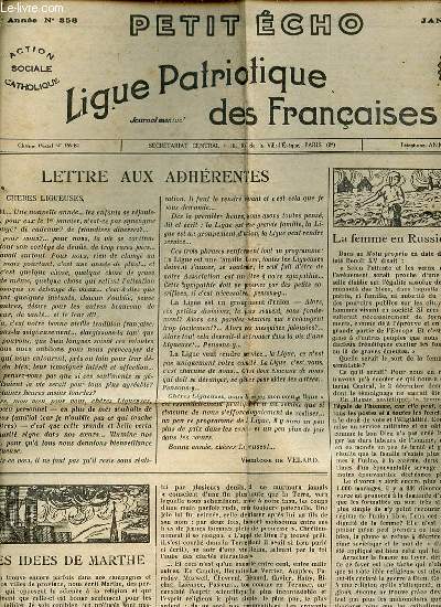 PETIT ECHO N358 / JANV. 1931 / 27 EME ANNEE - LIGUE PATRIOTIQUE DES FRANCAIS - La femme en Russie sovitique / Les ides de Marthe / Congrs du 16 au 22 mars 1931 / A l'ordre de la Ligue / Une poupe (conte) / etc.