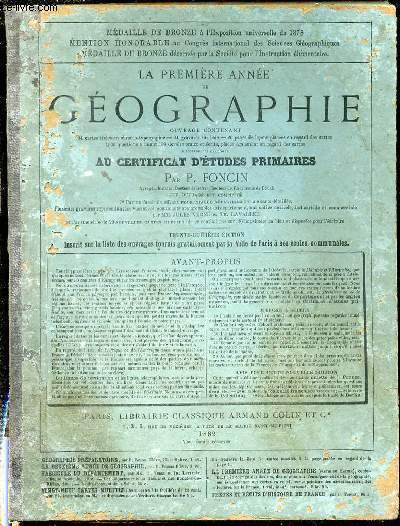 LA PREMIERE ANNEE DE GEOGRAPHIE - MENTION HONORABLE AU CONGRES INTERNATIONAL DES SCIENCES GEOGRAPHIQUES / CERTIFICAT D'ETUDES PRIMAIRES.