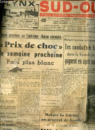 SUD-OUEST N4.728 / 14 NOVEMBRE 1959 - GRAND QUOTIDIEN REPUBLICAIN REGIONAL D'INFORMATIONS / Combats de tribus dans la Ruanda Urundi gagnent en pret sauvage / Qui a tu  Carmaux ? / Ultimes entretiens sur l'opration 