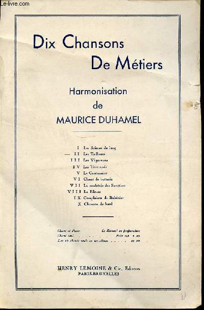 DIX CHANSONS DE METIERS - FASCICULE 2 : LES TAILLEURS (CHANSON POPULAIRE BRETON) / HARMONISATION DE MAURICE DUHAMEL.
