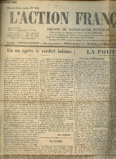 L'ACTION FRANCAISE N316 / 12 NOVEMBRE 1926 - ORGANE DU NATIONALISME INTEGRAL. Un an aprs le verdict infame de Daudet / Le souvenir de Philippe Daudet / Impuissance de J. B. / Devant la tombe d'un soldat inconnu / Allons ! bon ! franc-maon / ETC.