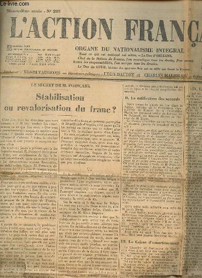 L'ACTION FRANCAISE N283 / 10 OCOTBRE 1926 - ORGANE DU NATIONALISME INTEGRAL. Secret de M. Poincare : stabilisation ou revalorisation du franc ? / Une communication de S. G. Mgr Ricard, archevque d'Auch / Fin de Lederlin / Autonomie d'Alsace-Lorraine...