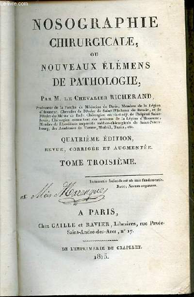 NOSOGRAPHIE CHIRURGICALE, OU NOUVEAUX ELEMENS DE PATHOLOGIE - TOME TROISIEME.