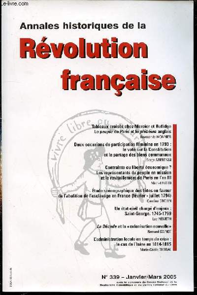 ANNALES HISTORIQUES DE LA REVOLUTION FRANCAISE N339 / JANVIER-MARS 2005