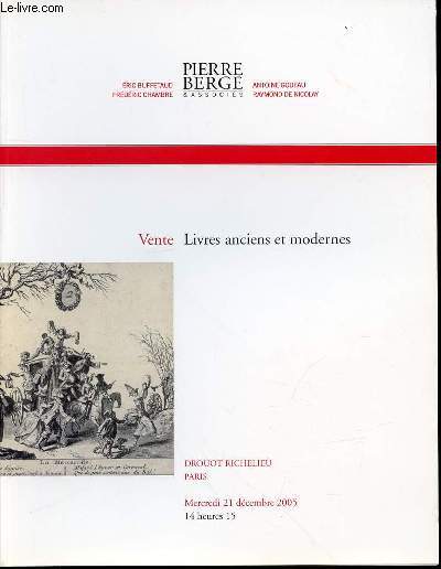 CATALOGUE D'ENCHERES : LIVRES ANCIENS ET MODERNES - DROUOT RICHELIEU, 21 DECEMBRE 2005.