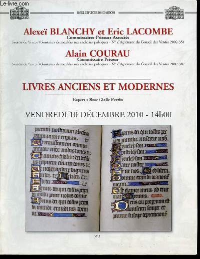 CATALOGUE D'ENCHERES : LIVRES ANCIENS ET MODERNES - 10 DECEMBRE 2010, HOTEL DES VENTES DES CHARTRONS.