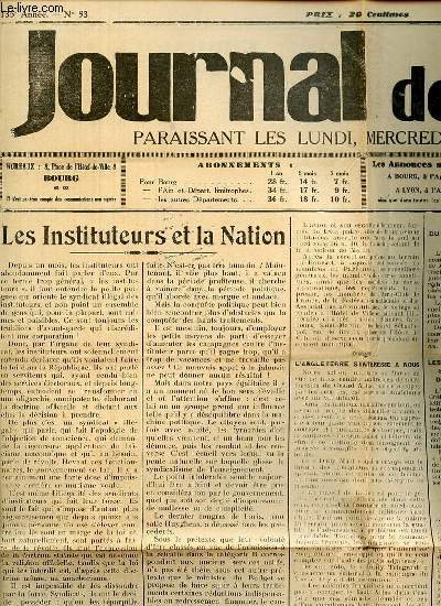 JOURNAL DE L'AIN N93 (135 ME ANNEE) - 16 AOUT 1933. Les instituteurs et la nation de C. V. / L'allemagne poursuit sans arrt son rarmement / La pacification du district du Kerdous au Maroc est acheve / Le Reich installe un plan quinquennal / ETC.