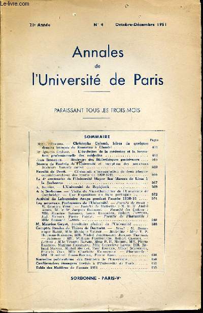 ANNALES DE L'UNIVERSITE DE PARIS - 21 EME ANNEE / OCTOBRE-DECEMBRE 1951.