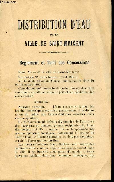 DISTRIBUTION D'EAU DE LA VILLE DE SAINT-MAIXENT - REGLEMENT ET TARIF DES CONCESSIONS.
