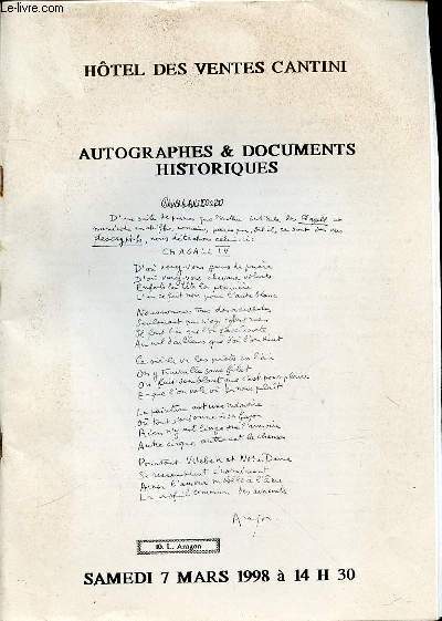 CATALOGUE DE VENTE AUX ENCHERES : HOTEL DES VENTES CANTINI - AUTOGRAPHES & DOCUMENTS HISTORIQUES. SAMEDI 7 MARS 1998 A 14H30.