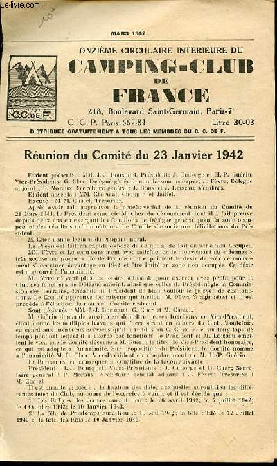 ONZIEME CIRCULAIRE INTERIEURE DU CAMPING-CLUB DE FRANCE - REUNION DU COMITE DU 23 JANVIER 1942.0