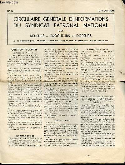 CIRCULAIRE GENERALE D'INFORMATIONS DU SYNDICAT PATRONAL NATIONAL PAR DES RELIEUX, BROCHEURS ET DOREURS.