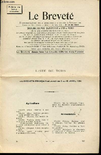 LE BREVETE N18 - LISTE DE TOUS LES BREVETS FRANCAIS DELIVRES DU 9 AU 15 AVRIL 1924.