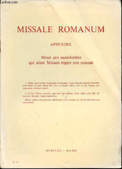 MISSALE ROMANUM - APPENDIX - MISSAE PRO SACERDOTIBUS QUI ALIAM MISSAM ELIGERE NON POSSUNT.