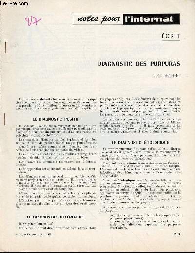 NOTES POUR L'INTERNAT - DIAGNOSTIC DES PURPURAS DE J.-C. HOEFFEL.