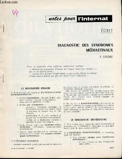 NOTES POUR L'INTERNAT - DIAGNOSTIC DES SYNDROMES MEDIASTINAUX DE F. CHEDRU.