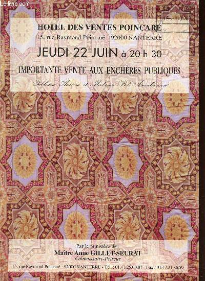 CATALOGUE DE VENTE AUX ENCHERES : TABLEAUX ANCIENS ET MODERNES, BEL AMEUBLEMENT - HOTEL DES VENTES POINCARE, JEUDI 22 JUIN 2000 A 20H30.