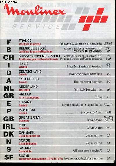 MOULINEX SERVICE : CONDITION DE GARANTIE - ADRESSES DES CENTRES D'ENTRETIEN AGREES.