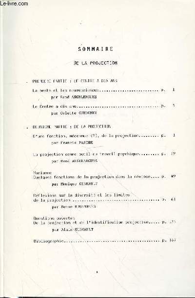 LES CAHIERS DU CENTRE DE PSYCHANALYSE ET DE PSYCHOTHERAPIE - DE LA PROJECTION - N9 ET 10 - AUTOMNE 1984 - PRINTEMPS 1985