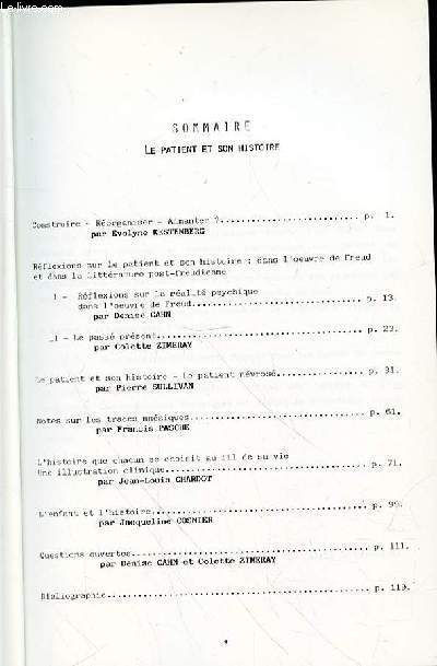 LES CAHIERS DU CENTRE DE PSYCHANALYSE ET DE PSYCHOTHERAPIE - LE PATIENT ET SON HISTOIRE - N13 AUTOMNE 1986