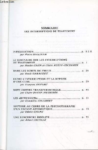 LES CAHIERS DU CENTRE DE PSYCHANALYSE ET DE PSYCHOTHERAPIE - LES INTERRUPTIONS DE TRAITEMENT - N27 - AUTOMNE 1993