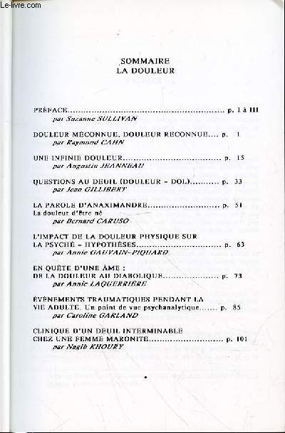 LES CAHIERS DU CENTRE DE PSYCHANALYSE ET DE PSYCHOTHERAPIE - LA DOULEUR - N28 PRINTEMPS 1994