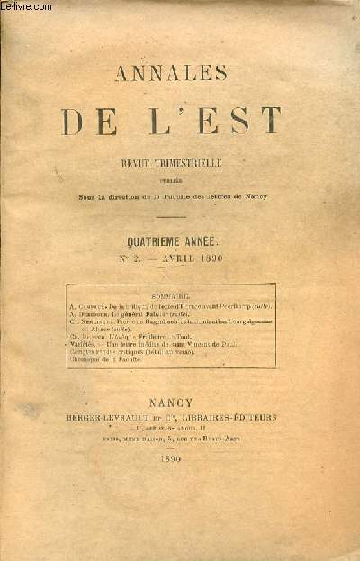 ANNALES DE L'EST - REVUE TRIMESTRIELLE - 4EME ANNEE - N2 - AVRIL 1890