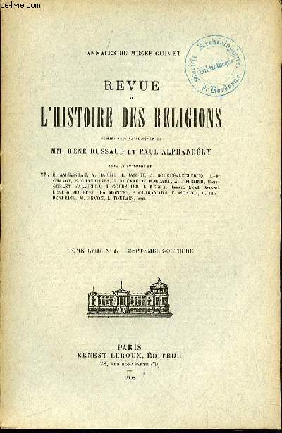 REVUE DE L'HISTOIRE DES RELIGIONS - TOME LVIII - N 2- SEPTEMBRE - OCTOBRE
