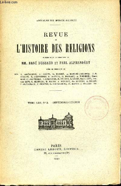 REVUE DE L'HISTOIRE DES RELIGIONS - TOME LXII- N 2 - SEPTEMBRE-OCTOBRE -